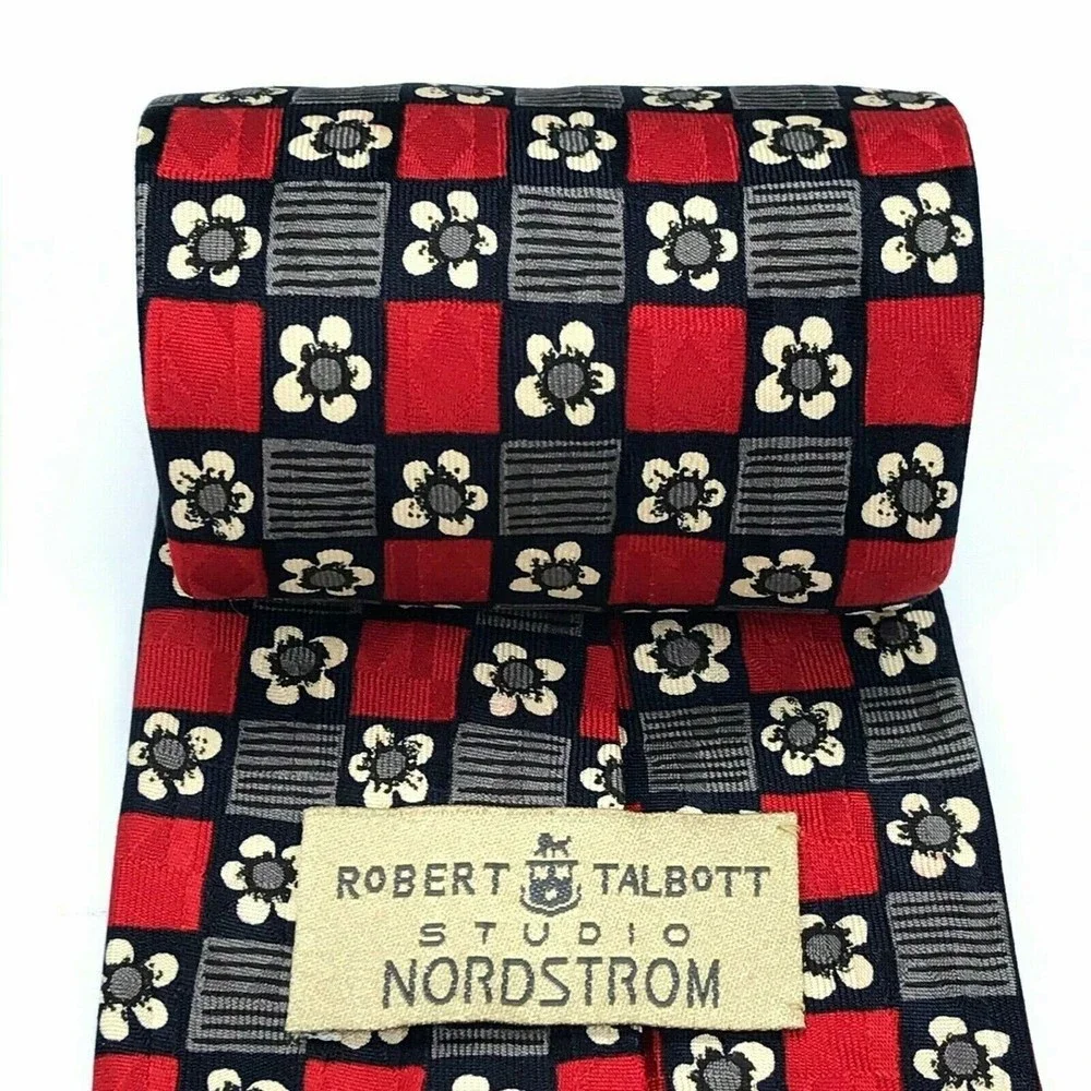Robert Talbott Studio Nordstrom Silk Hand-sewn Red Navy Beige Floral Necktie 57